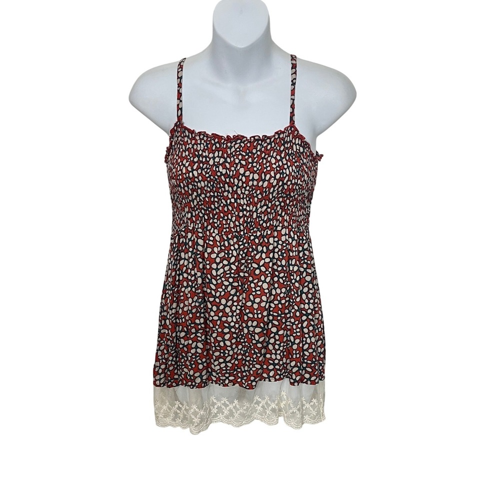 Vertical‎ Club Cami Top Womens M Red Vintage Y2K Smocked Lace Trim Camisole
